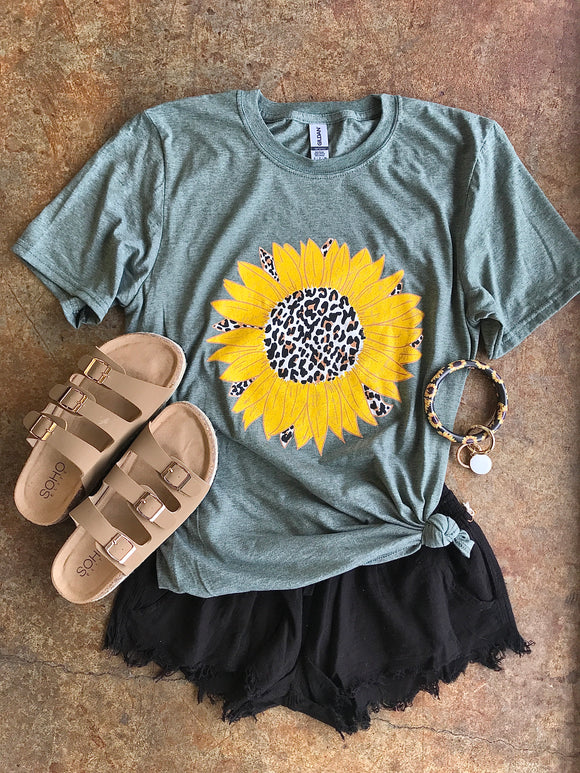 Cheetah Sunflower Short Sleeve- Heather Olive